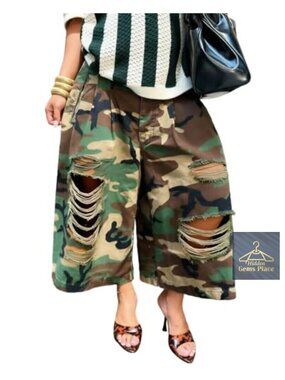 Women's Ripped Camo Barrel Wide Leg Distressed Capris Pants High Waisted
